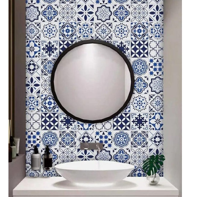 Papel de Parede  Adesivo Azulejo Hidráulico Azul e Br Lavável Cozinha Banheiro