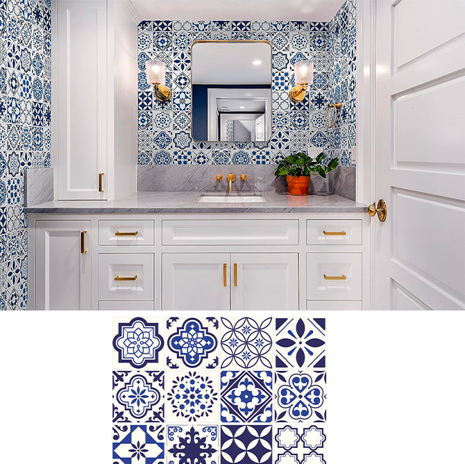 Papel de Parede  Adesivo Azulejo Hidráulico Azul e Br Lavável Cozinha Banheiro