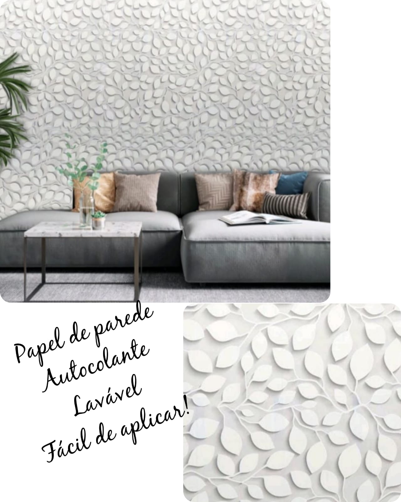 Papel de Parede Floral Tons Cinza e Branco Adesivo Lavável Sala Quarto