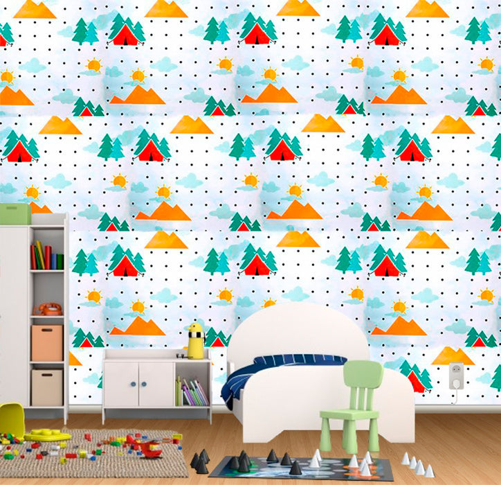 Papel de Parede Infantil Camping, Adesivo Lavável Quarto