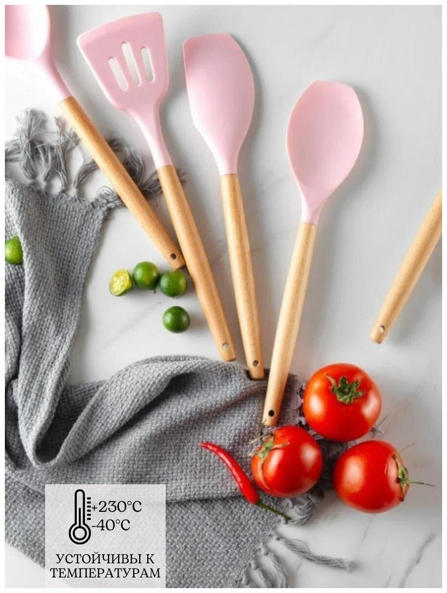 Conjunto de Utensílios Cozinha de Silicone 5 Peças Antiaderente Cabos em Madeira Bambu