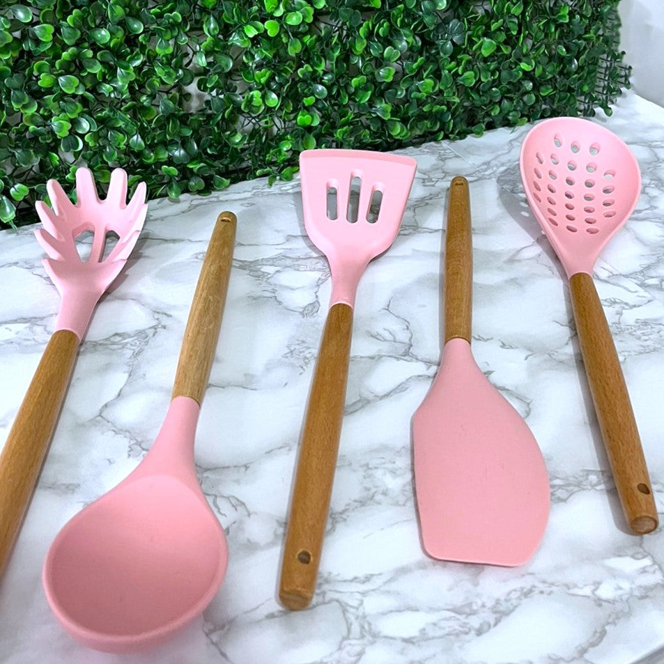 Conjunto de Utensílios Cozinha de Silicone 5 Peças Antiaderente Cabos em Madeira Bambu