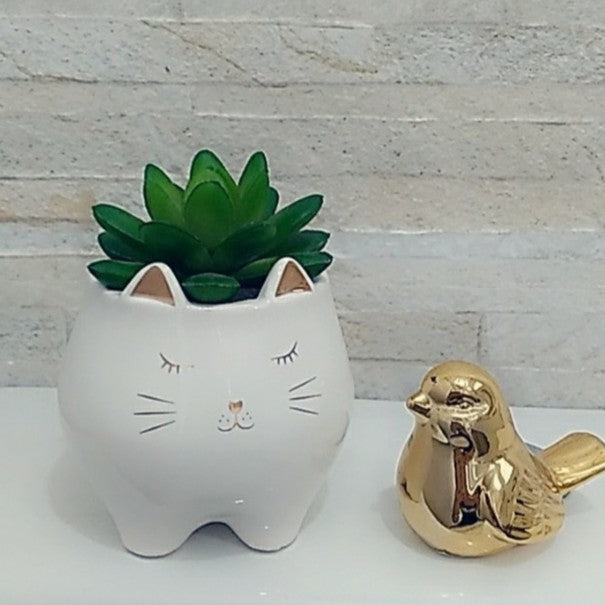 Vaso Cachepot Gatinho Branco e Dourado ou Porta Sabonete Liquido em Porcelana Perfeita Decoração