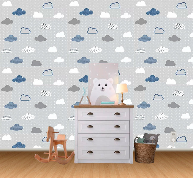 Papel de Parede Infantil Nuvens Adesivo Lavável Decoração de Quarto Menino