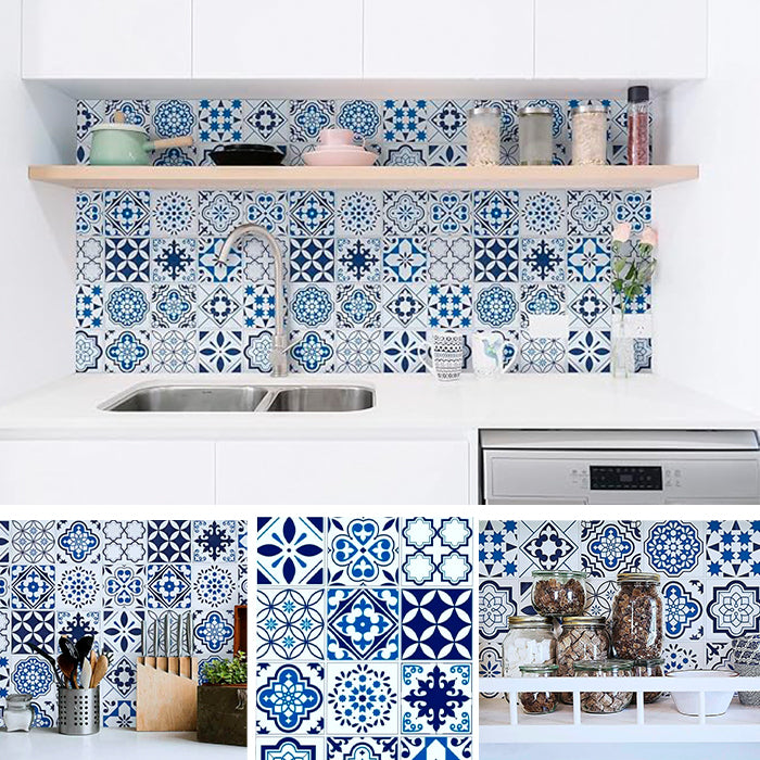 Papel de Parede  Adesivo Azulejo Hidráulico Azul e Br Lavável Cozinha Banheiro