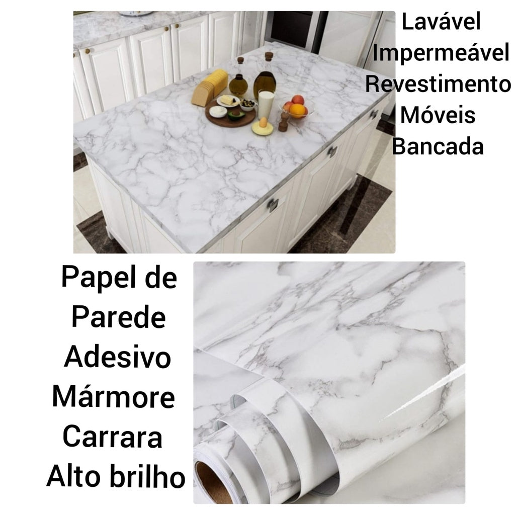 Vinil Adesivo Lavável Mármore Carrara Gold Alto Brilho Revestimento de Moveis e Paredes