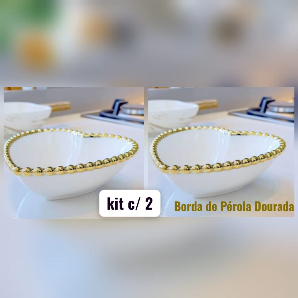 kit de 2 Peças Tigela Bowl de Coração Borda Pérola Mesa Posta