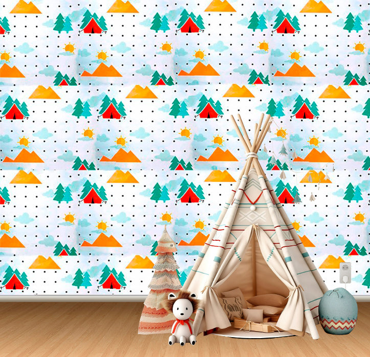 Papel de Parede Infantil Camping, Adesivo Lavável Quarto