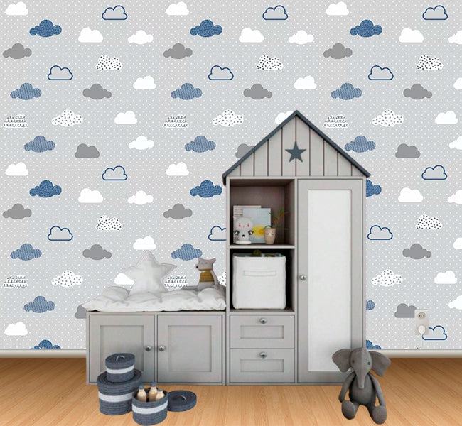 Papel de Parede Infantil Nuvens Adesivo Lavável Decoração de Quarto Menino