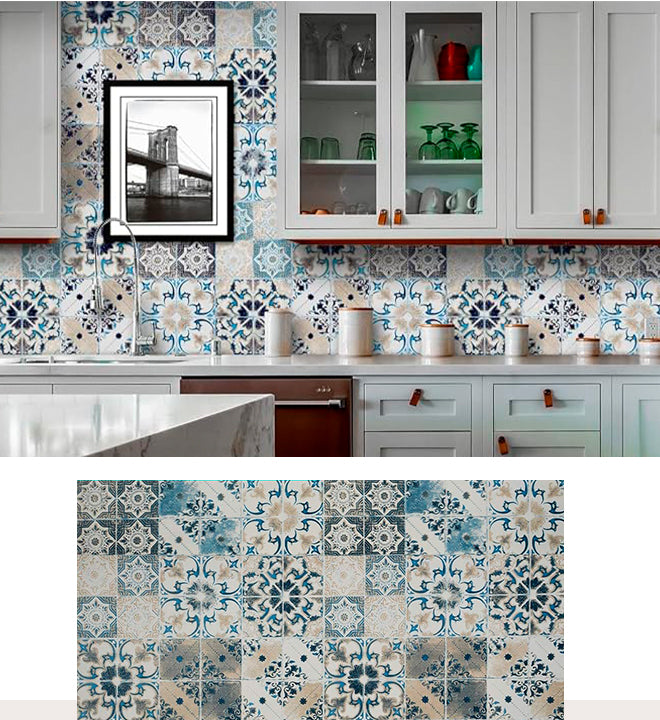 Papel de Parede Adesivo Azulejo Português Az Bege à prova d´água Cozinha