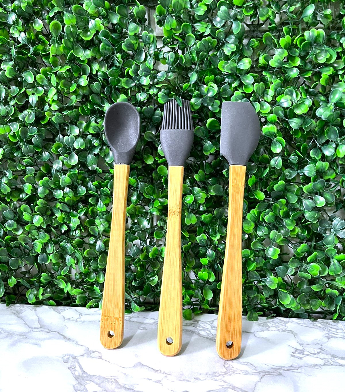 Kit de3 Peças Utensílios Cozinha de Silicone 21cm Cabos Resistente Bambu