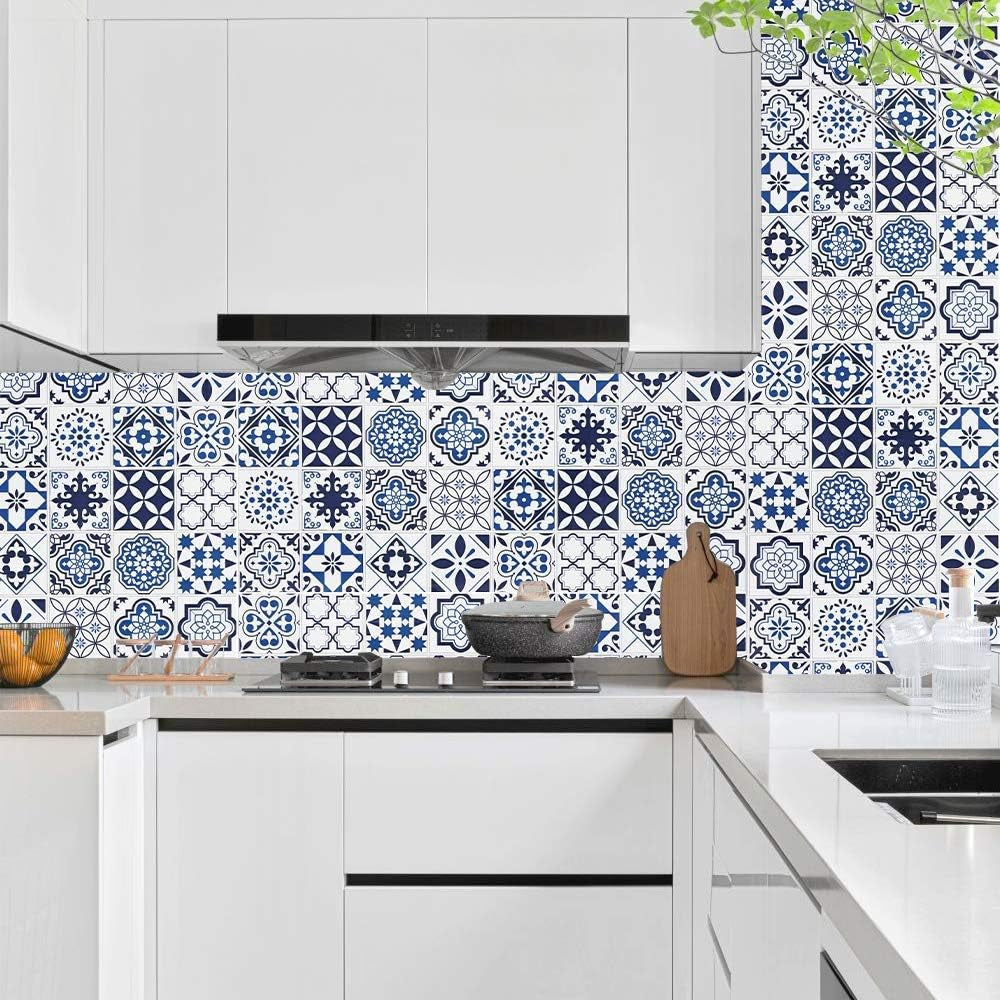 Papel de Parede  Adesivo Azulejo Hidráulico Azul e Br Lavável Cozinha Banheiro