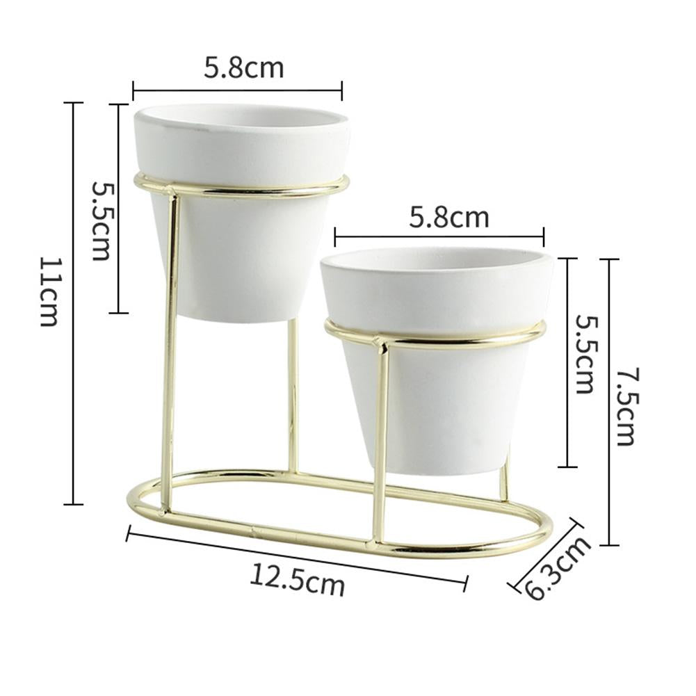 Vaso 2 em 1 Decorativo de Cerâmica Gold Branco Alto Brilho + Suporte Metal Dourado Plantas Suculentas