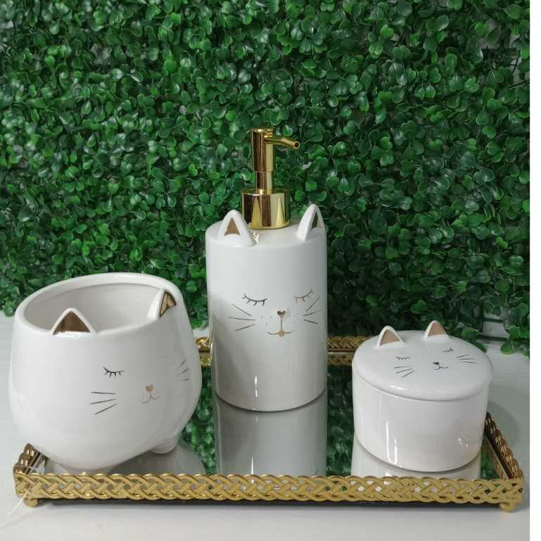 Vaso Cachepot Gatinho Branco e Dourado ou Porta Sabonete Liquido em Porcelana Perfeita Decoração