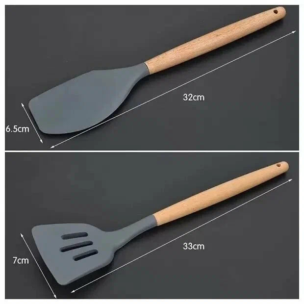 Conjunto de Utensílios Cozinha de Silicone 5 Peças Antiaderente Cabos em Madeira Bambu