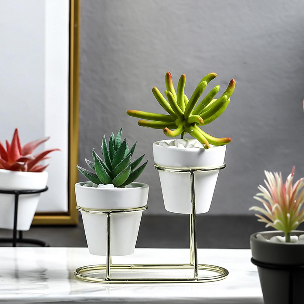 Vaso 2 em 1 Decorativo de Cerâmica Gold Branco Alto Brilho + Suporte Metal Dourado Plantas Suculentas