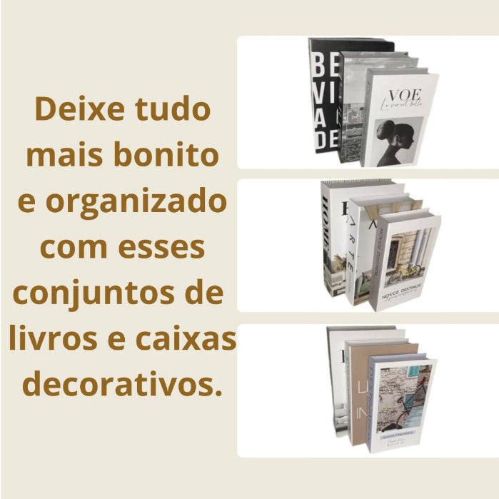 Caixa Livro Falso Decorativo Kit 3 Caixa Porta Objetos Design Versátil e Elegante