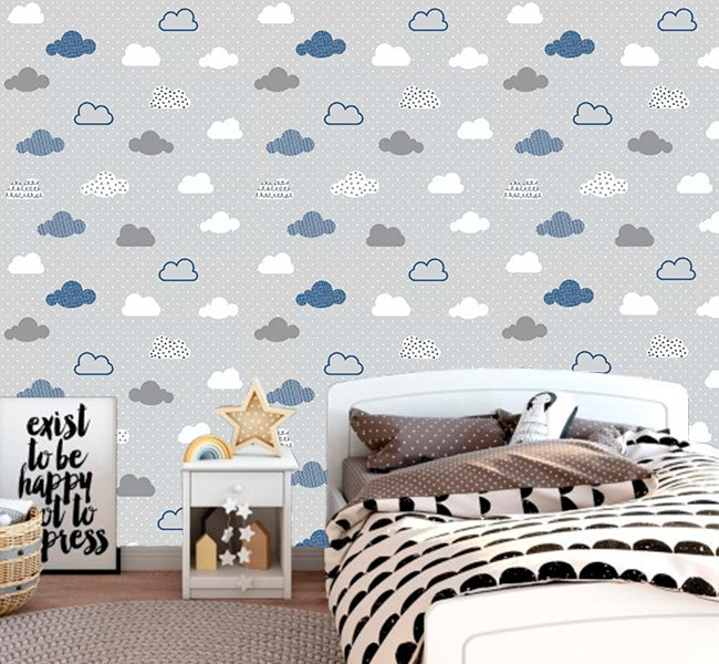 Papel de Parede Infantil Nuvens Adesivo Lavável Decoração de Quarto Menino