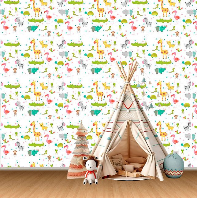 Papel de Parede Adesivo Baby Zoo Lavável Impermeável Quarto Sala