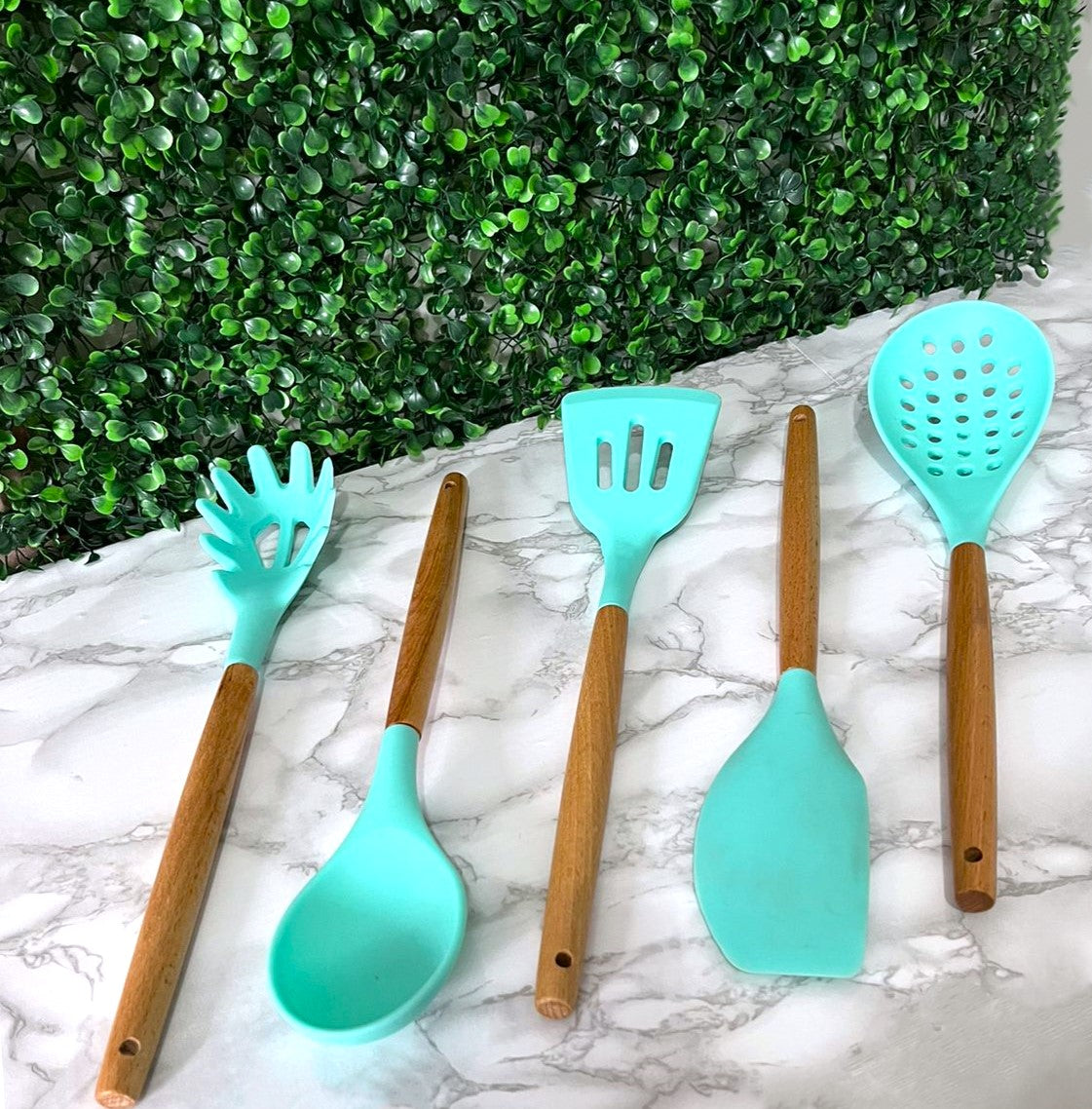 Conjunto de Utensílios Cozinha de Silicone 5 Peças Antiaderente Cabos em Madeira Bambu