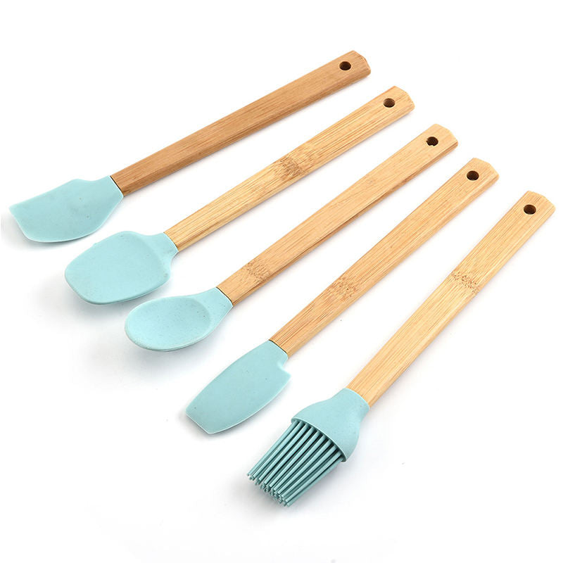 Kit de3 Peças Utensílios Cozinha de Silicone 21cm Cabos Resistente Bambu