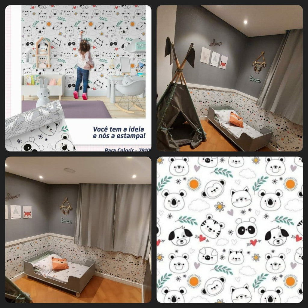 Papel de Parede P/ Colorir Carinhas Adesivo Resistente Lavável Quarto infantil, As Crianças Vão Adorar Colorir