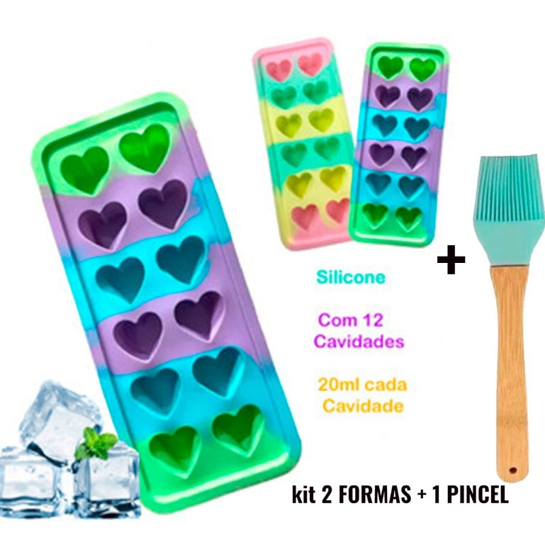 kit 2 Forma de Gelo + Pincel, 12 Cavidades Coração de Silicone 25x11cm