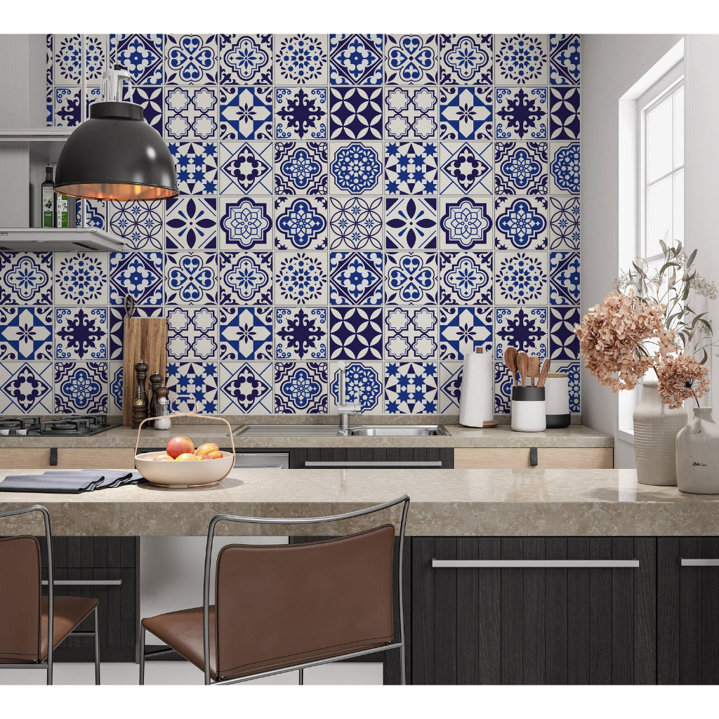 Papel de Parede  Adesivo Azulejo Hidráulico Azul e Br Lavável Cozinha Banheiro