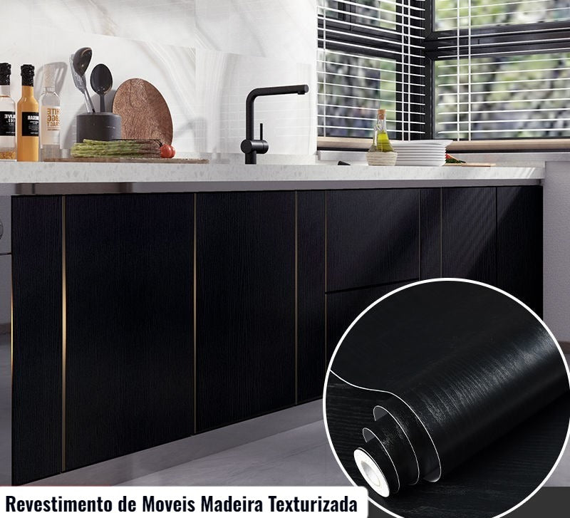 Papel de Parede Textura Madeira Wood Preto Adesivo Renovação de Móveis Parede