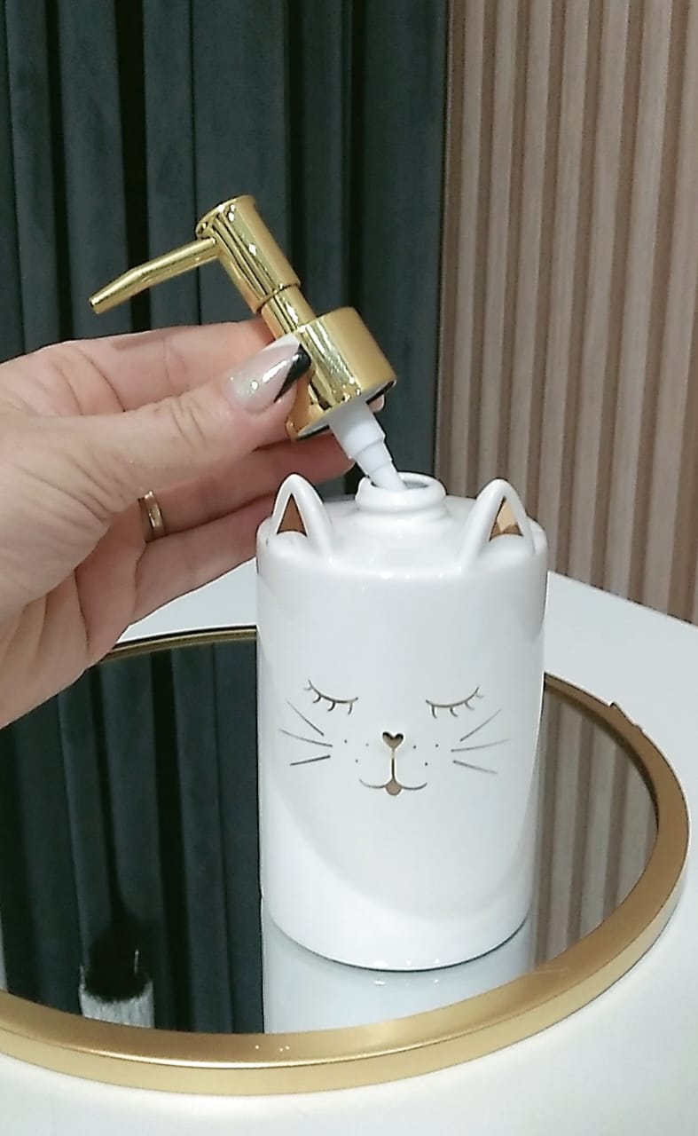 Vaso Cachepot Gatinho Branco e Dourado ou Porta Sabonete Liquido em Porcelana Perfeita Decoração