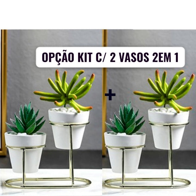 Vaso 2 em 1 Decorativo de Cerâmica Gold Branco Alto Brilho + Suporte Metal Dourado Plantas Suculentas