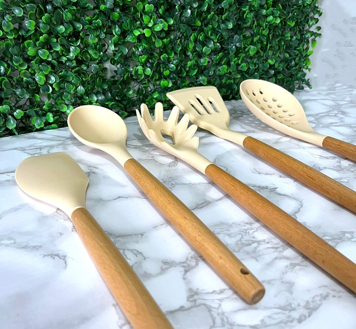 Conjunto de Utensílios Cozinha de Silicone 5 Peças Antiaderente Cabos em Madeira Bambu