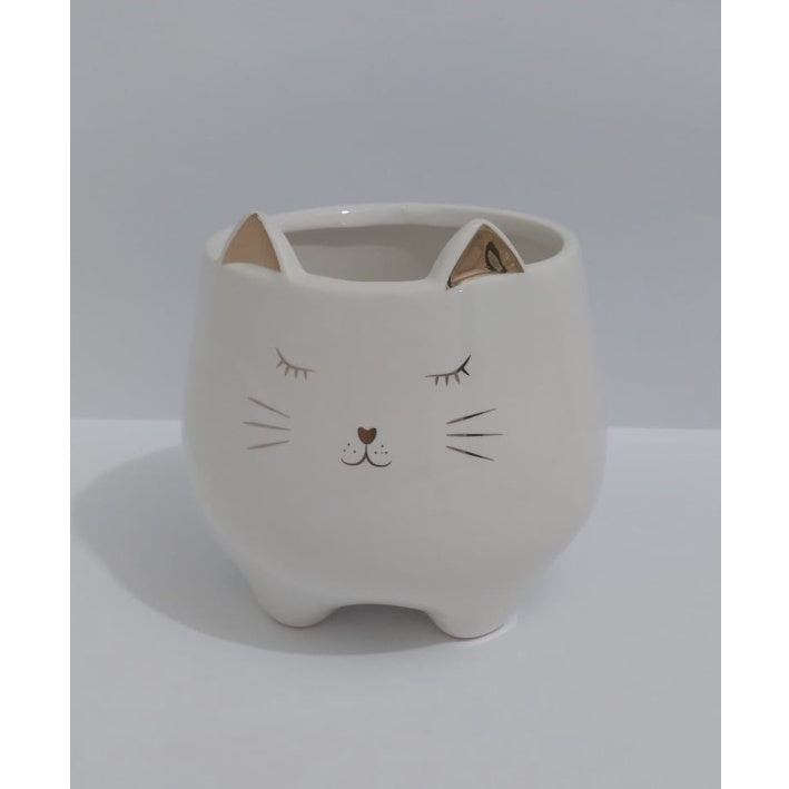 Vaso Cachepot Gatinho Branco e Dourado ou Porta Sabonete Liquido em Porcelana Perfeita Decoração