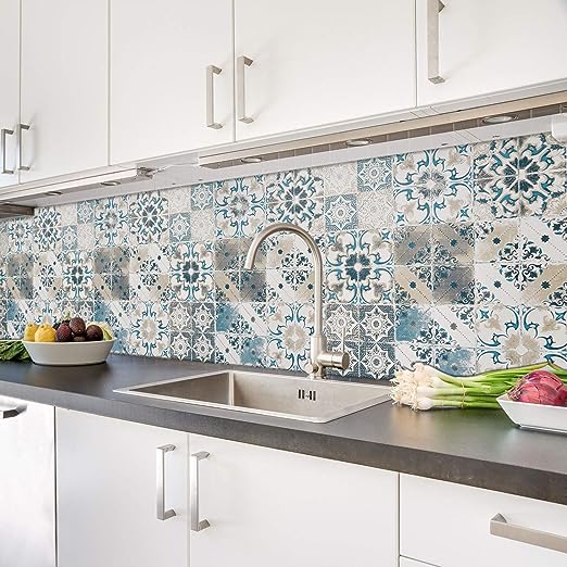 Papel de Parede Adesivo Azulejo Português Az Bege à prova d´água Cozinha