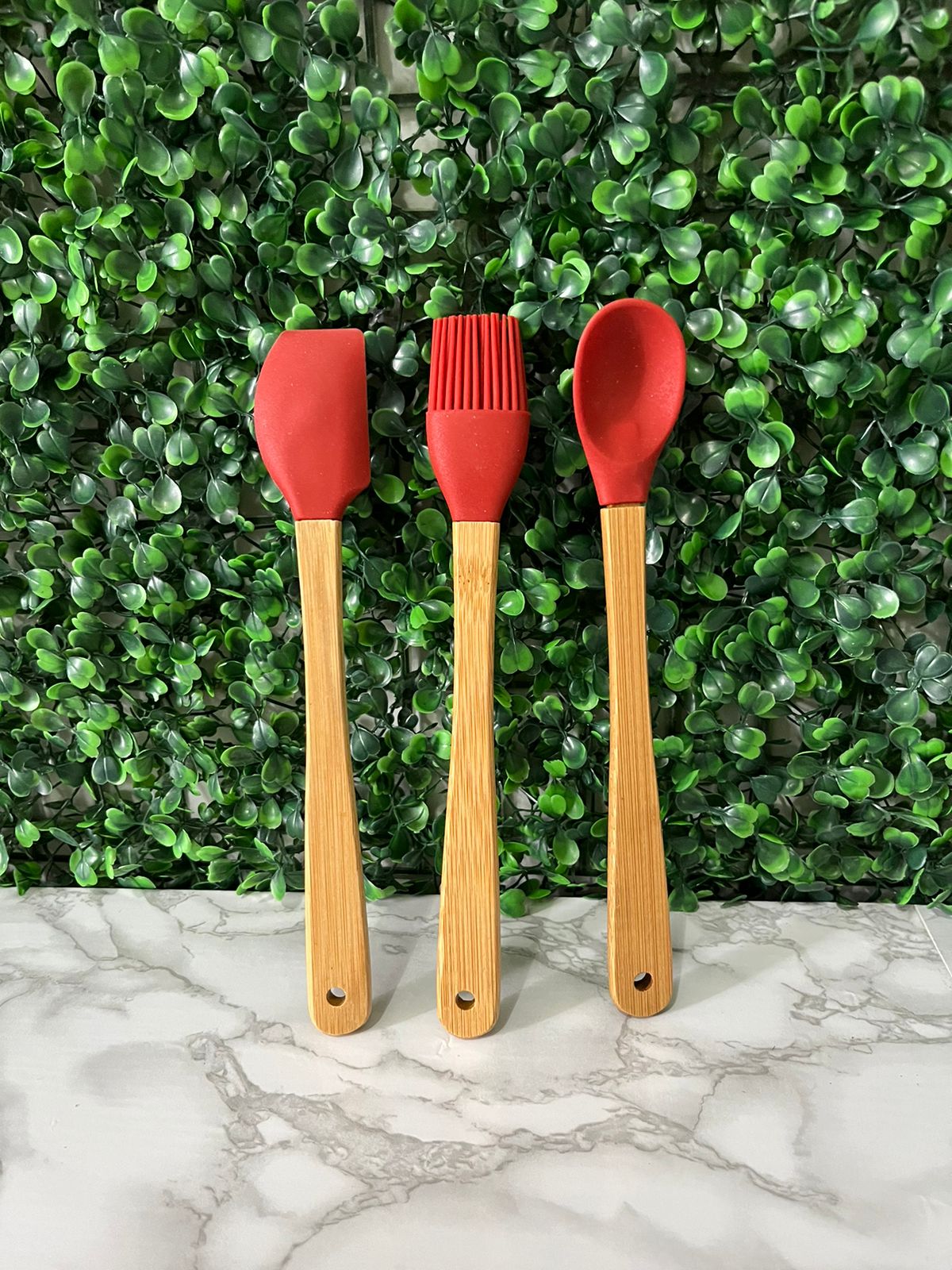 Kit de3 Peças Utensílios Cozinha de Silicone 21cm Cabos Resistente Bambu