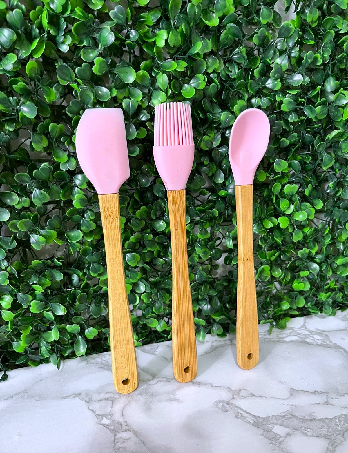 Kit de3 Peças Utensílios Cozinha de Silicone 21cm Cabos Resistente Bambu