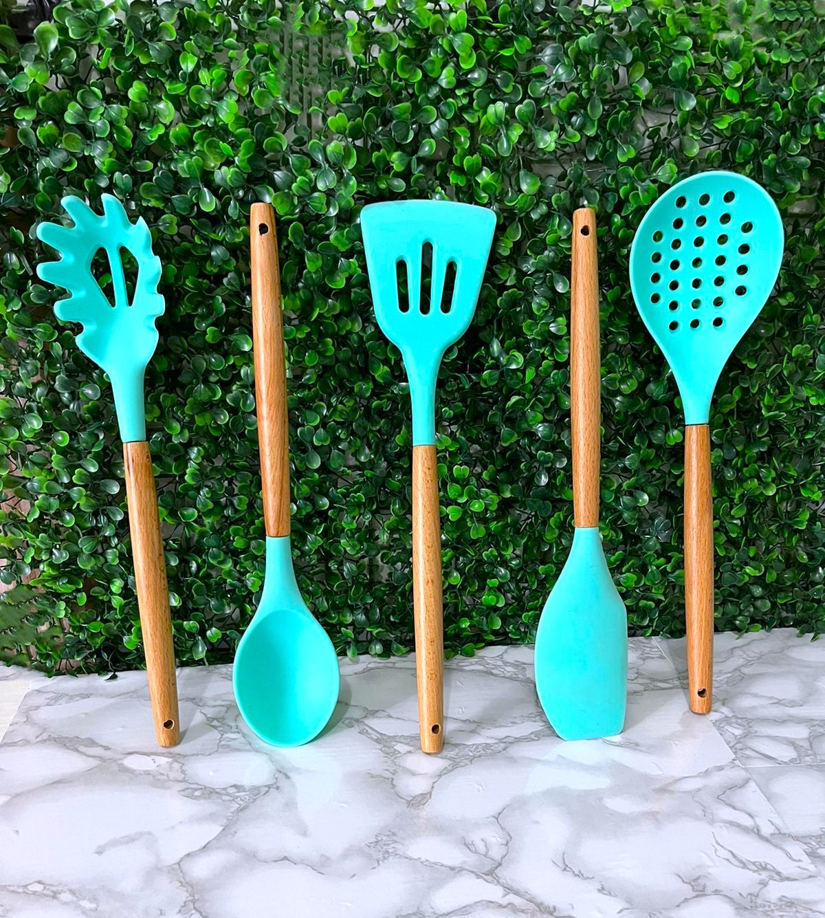 Conjunto de Utensílios Cozinha de Silicone 5 Peças Antiaderente Cabos em Madeira Bambu