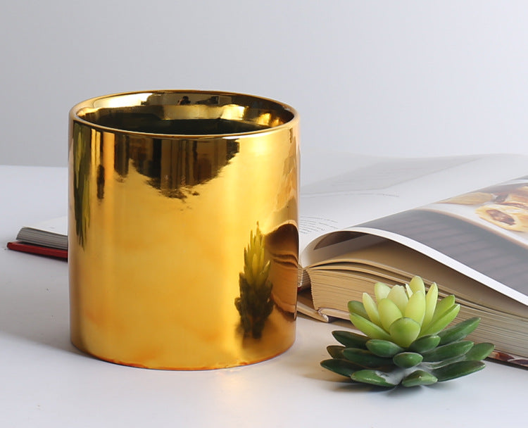 Vaso de Ceramica Decorativo Tripé em Metal Dourado Flores Plantas