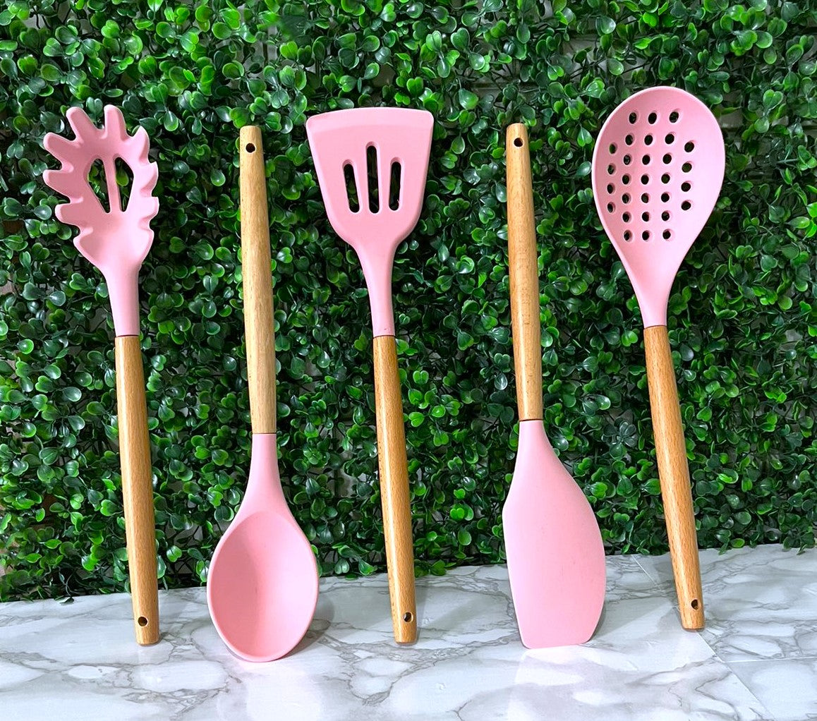 Conjunto de Utensílios Cozinha de Silicone 5 Peças Antiaderente Cabos em Madeira Bambu