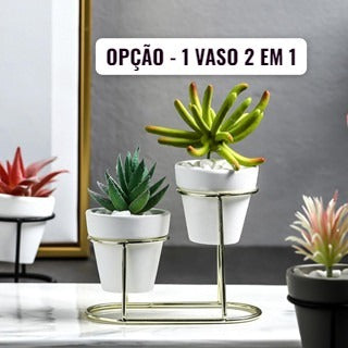 Vaso 2 em 1 Decorativo de Cerâmica Gold Branco Alto Brilho + Suporte Metal Dourado Plantas Suculentas