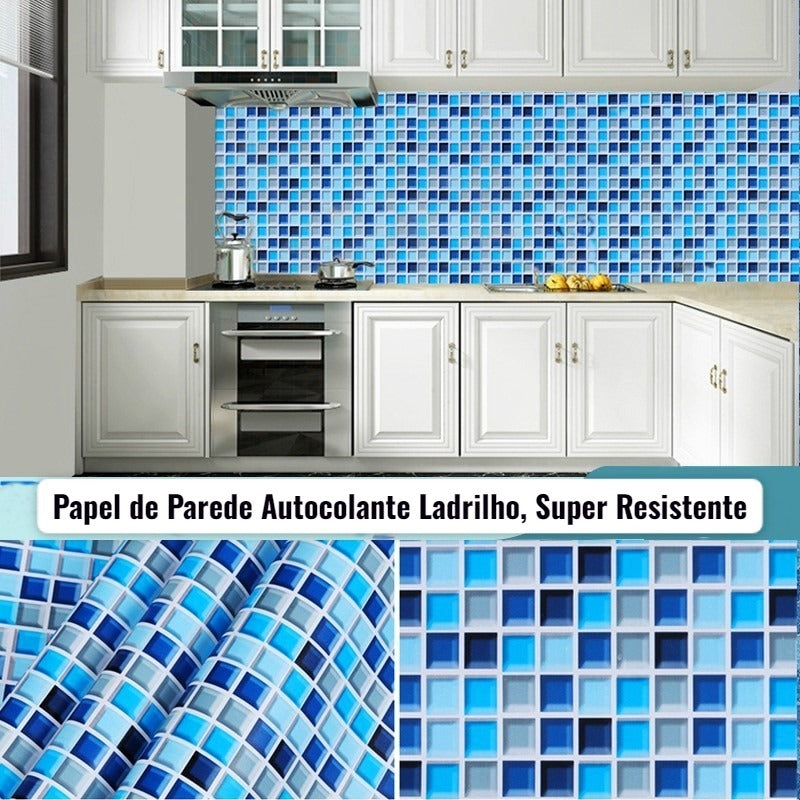 Papel de Parede Ladrilho Pastilha Azul Mesclado Adesivo  Lavável Cozinha Banheiro