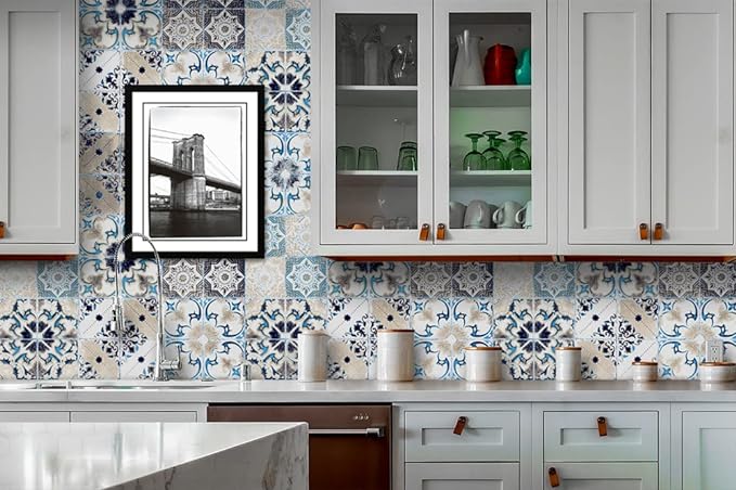 Papel de Parede Adesivo Azulejo Português Az Bege à prova d´água Cozinha