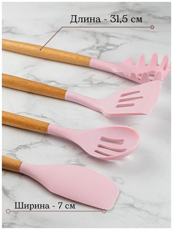 Conjunto de Utensílios Cozinha de Silicone 5 Peças Antiaderente Cabos em Madeira Bambu