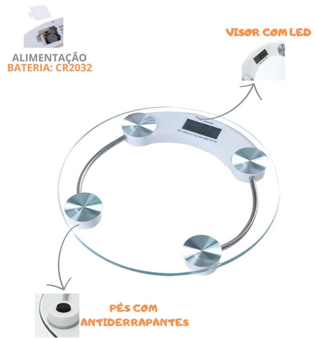 Balança de Piso Digital Vidro Temperado Inox, Banheiro/Academias/Fitness Até 180 kilos