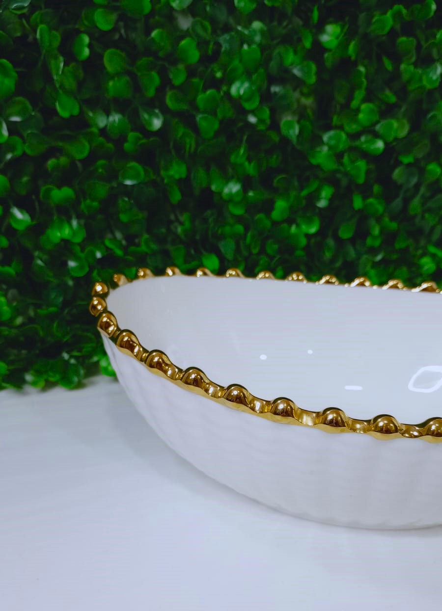 Tijela de Cerâmica Branco Alto Brilho Design Oval, 20x13cm Detalhes em Dourado