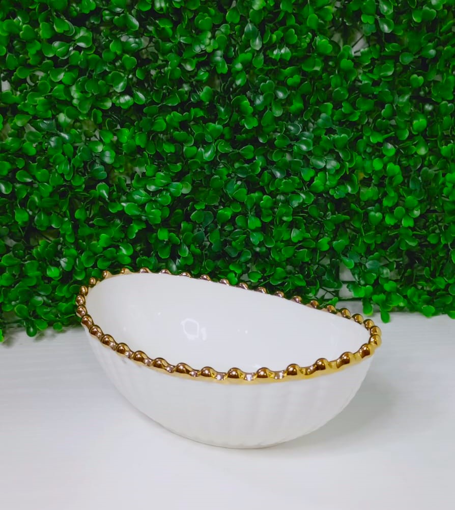 Tijela de Cerâmica Branco Alto Brilho Design Oval, 20x13cm Detalhes em Dourado