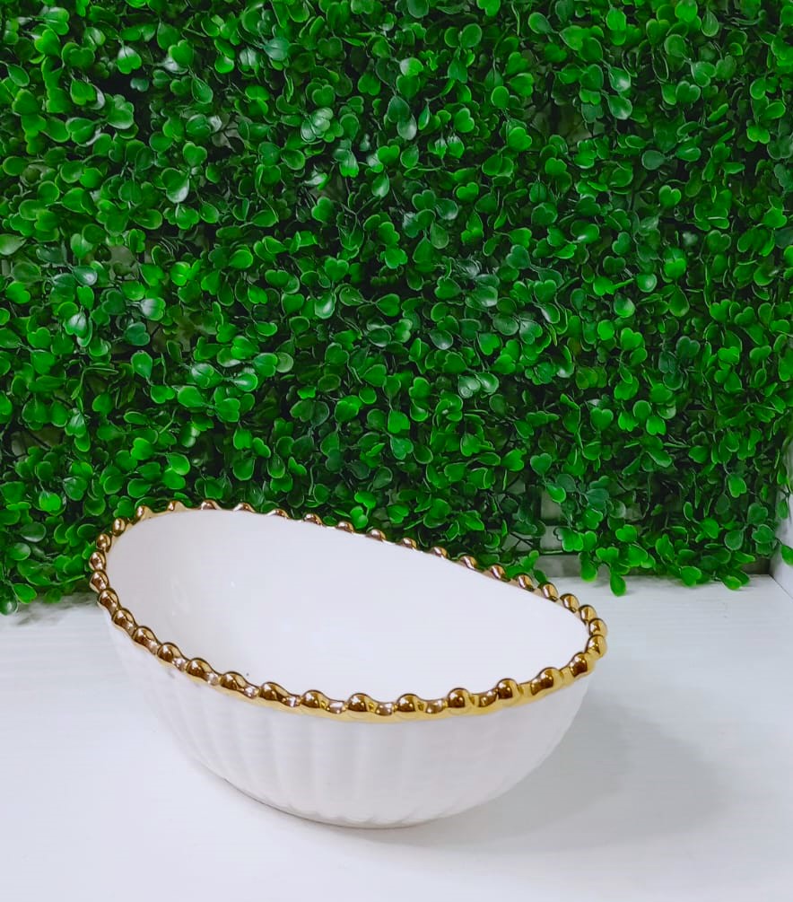 Tijela de Cerâmica Branco Alto Brilho Design Oval, 20x13cm Detalhes em Dourado